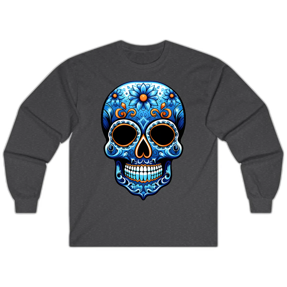 Intricate Blue and Orange Día de los Muertos Skull Long Sleeve in Dark Heather