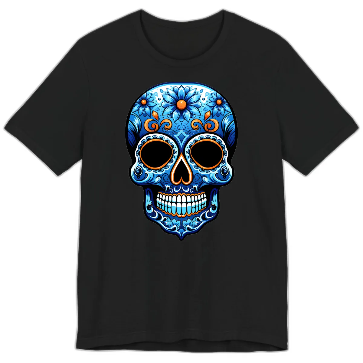 Intricate Blue and Orange Día de los Muertos Skull Premium T-Shirt in Black