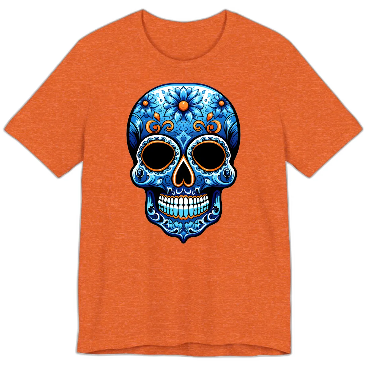 Intricate Blue and Orange Día de los Muertos Skull Premium T-Shirt in Heather Orange