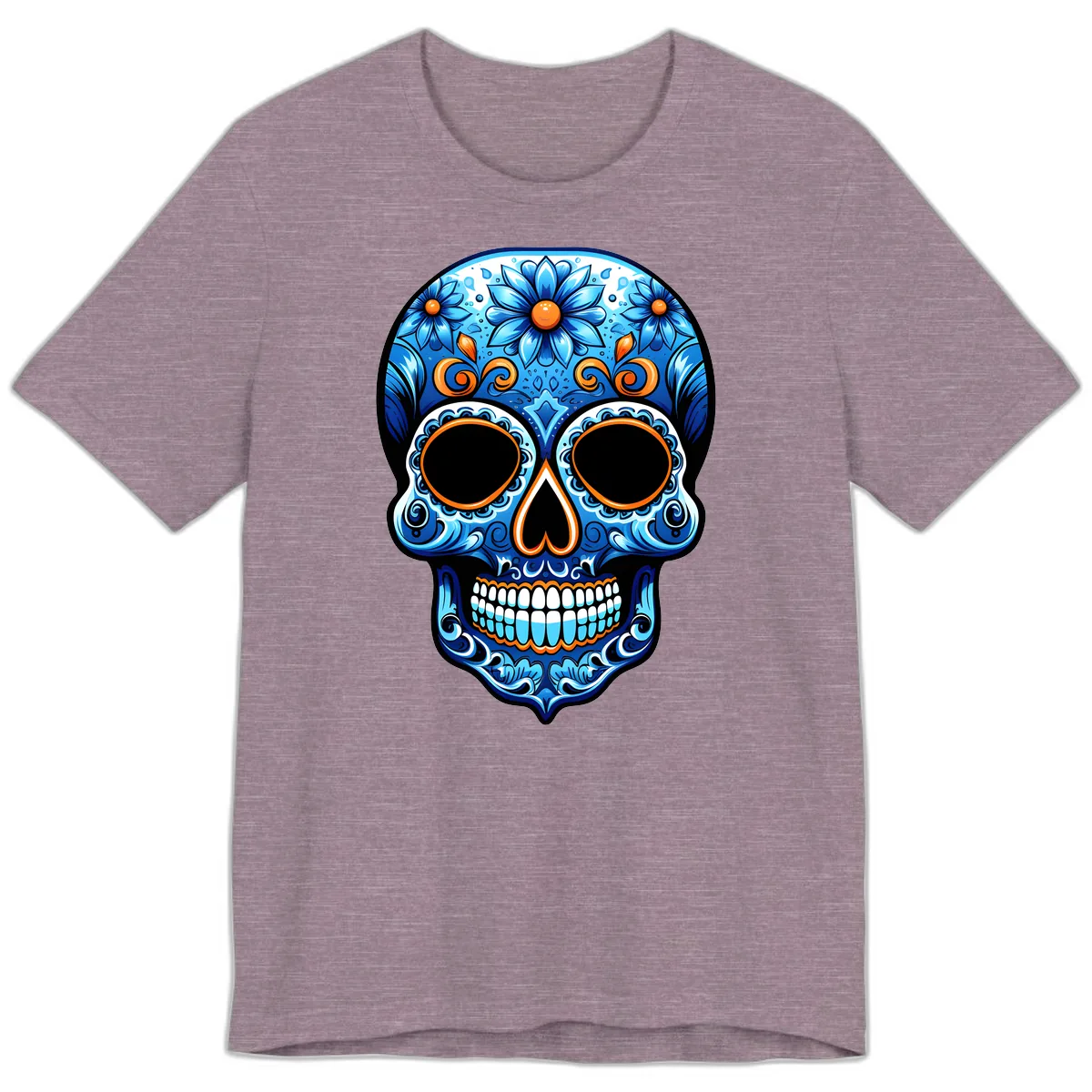 Intricate Blue and Orange Día de los Muertos Skull Premium T-Shirt in Heather Purple