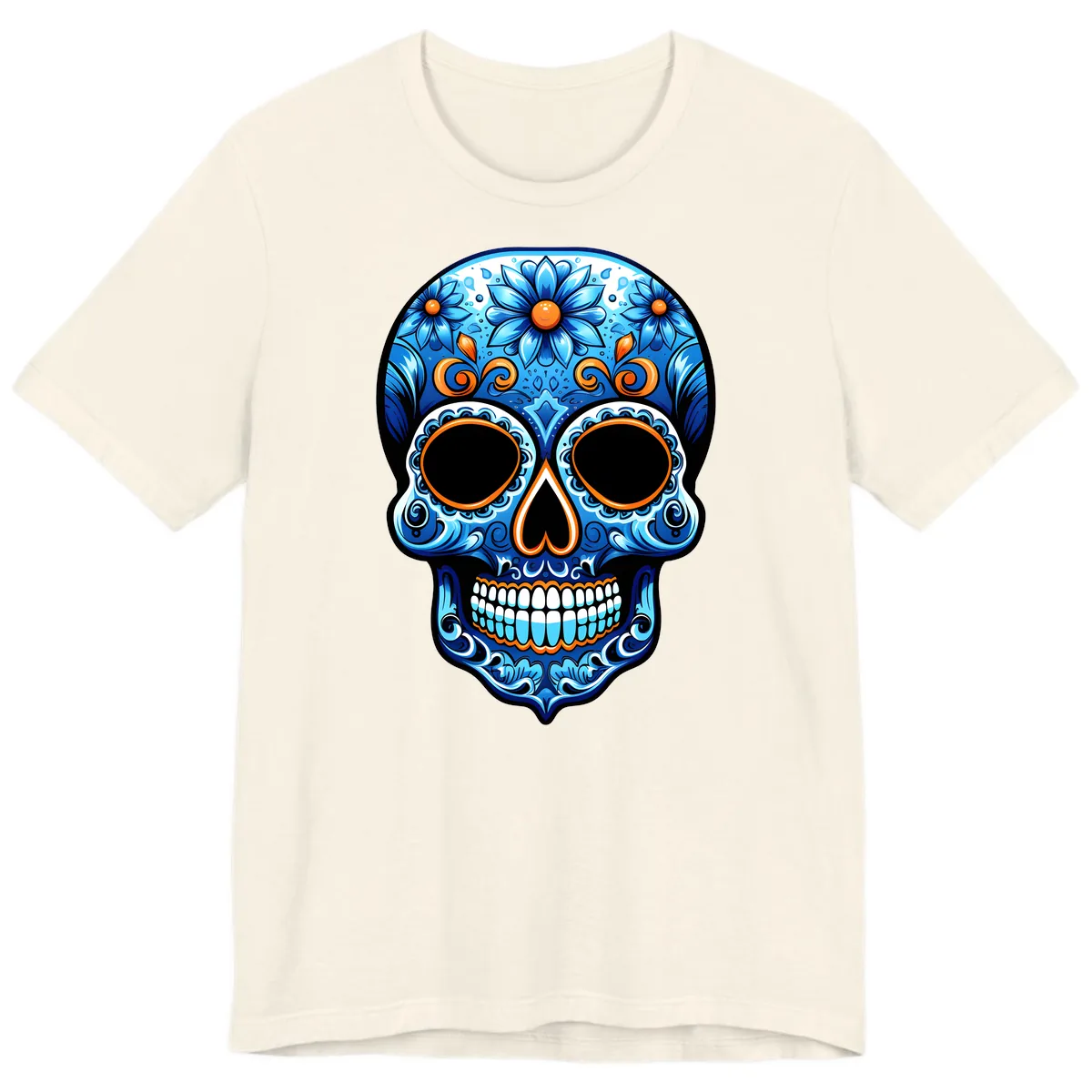 Intricate Blue and Orange Día de los Muertos Skull Premium T-Shirt in Natural