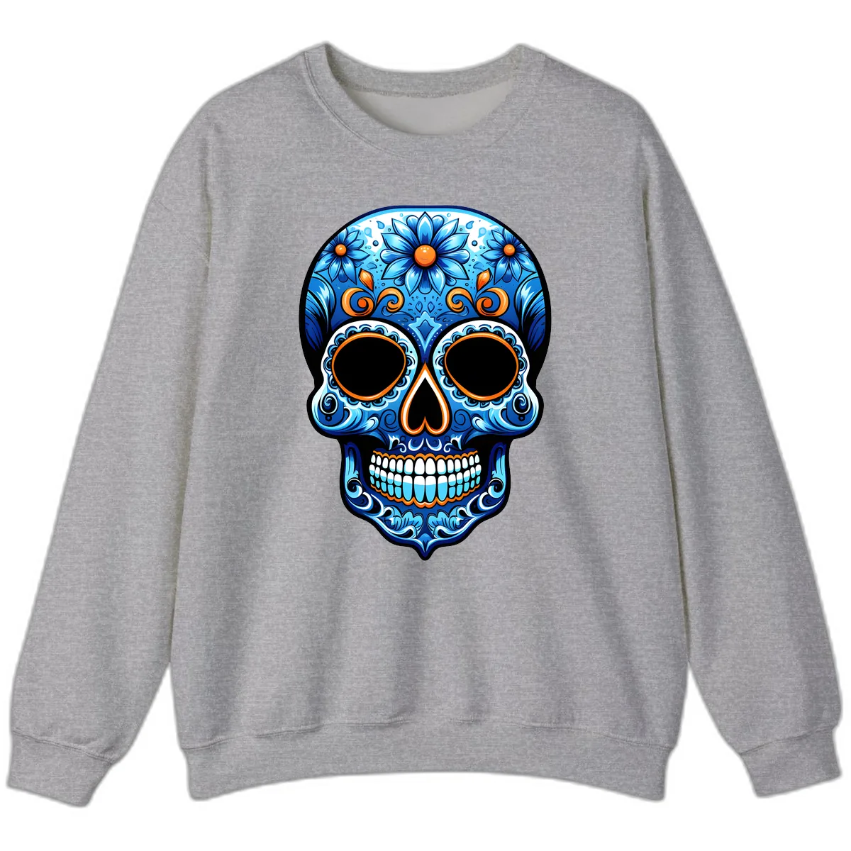 Intricate Blue and Orange Día de los Muertos Skull Sweatshirt in Sport Grey