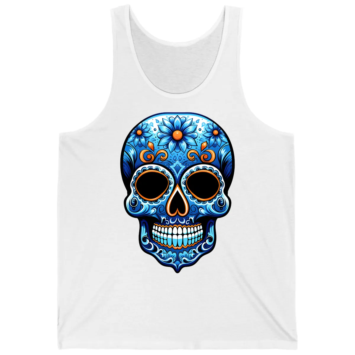 Intricate Blue and Orange Día de los Muertos Skull Tank in White