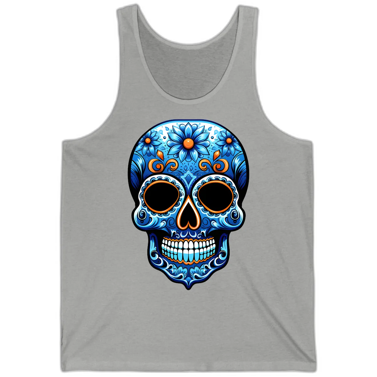 Intricate Blue and Orange Día de los Muertos Skull Tank in Athletic Heather