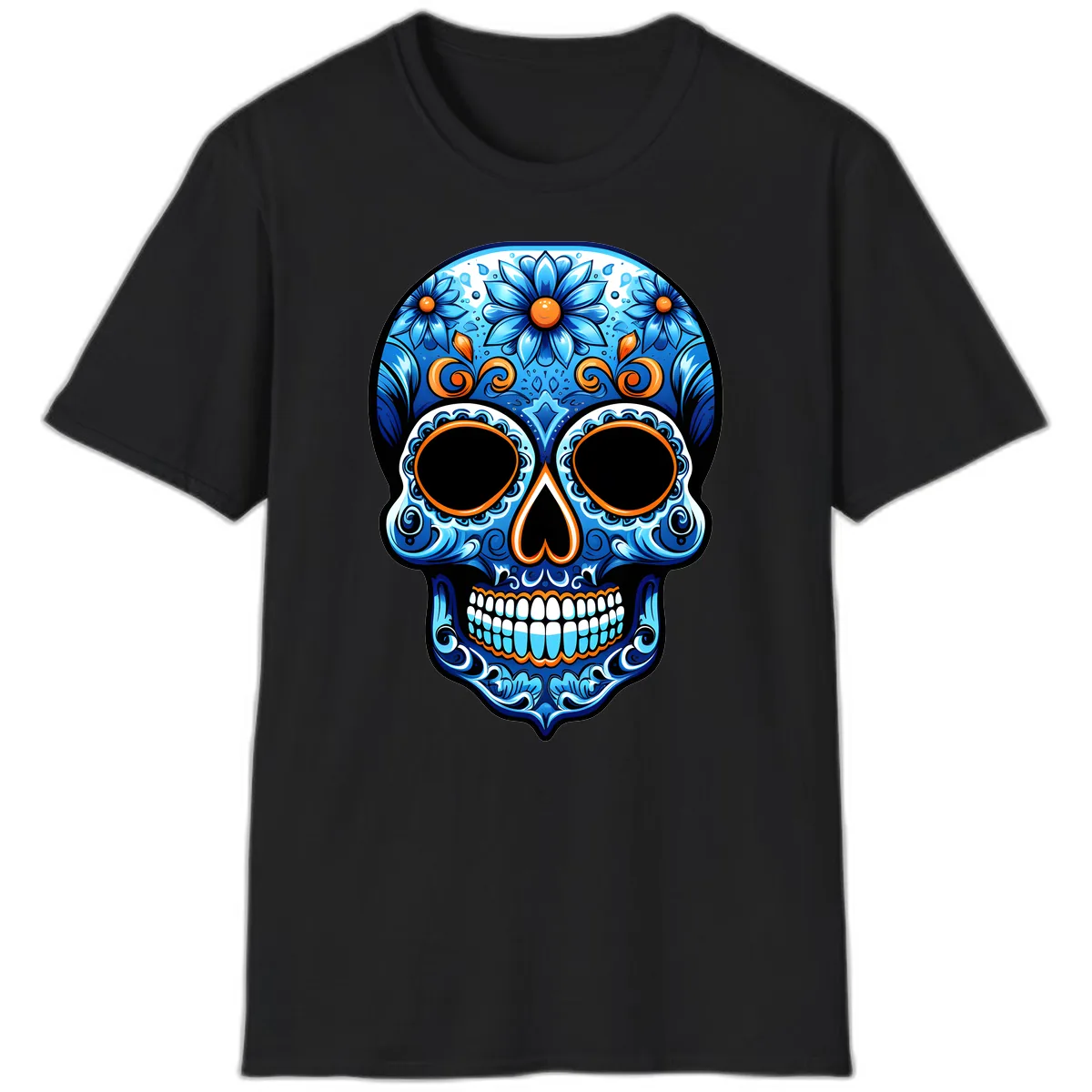 Intricate Blue and Orange Día de los Muertos Skull T-Shirt in Black