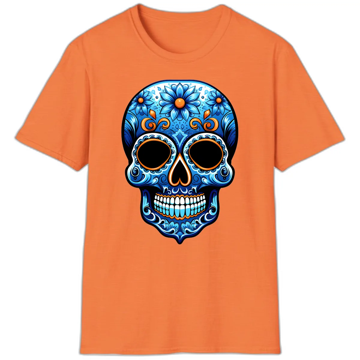 Intricate Blue and Orange Día de los Muertos Skull T-Shirt in Heather Orange