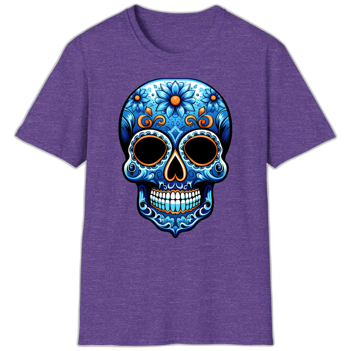 Intricate Blue and Orange Día de los Muertos Skull T-Shirt in Heather Purple