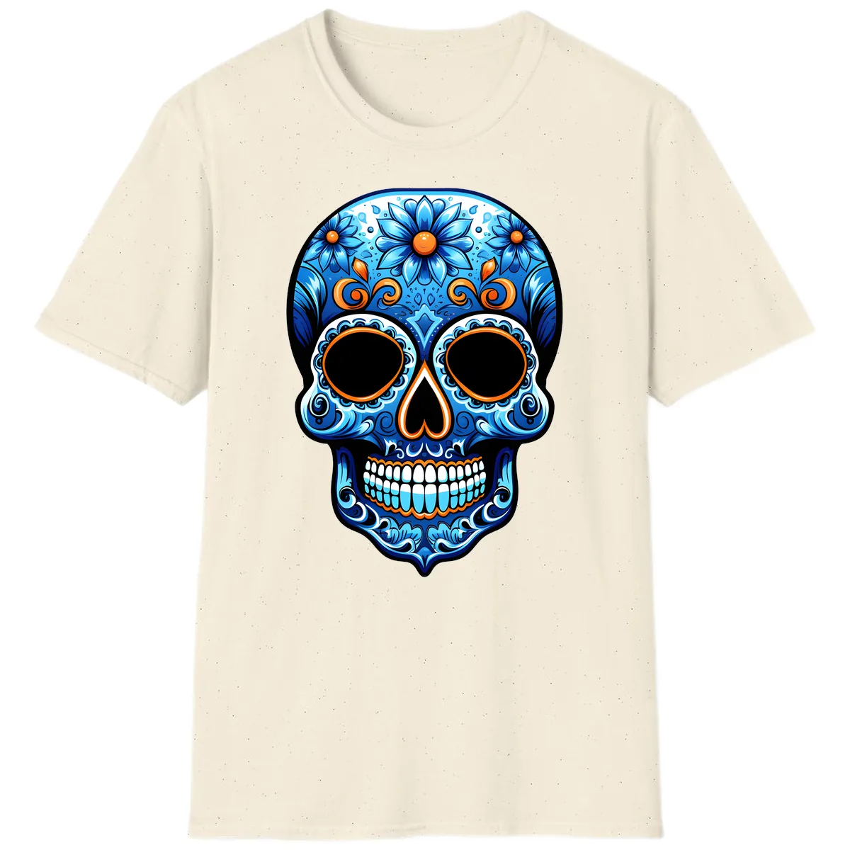 Intricate Blue and Orange Día de los Muertos Skull T-Shirt in Natural