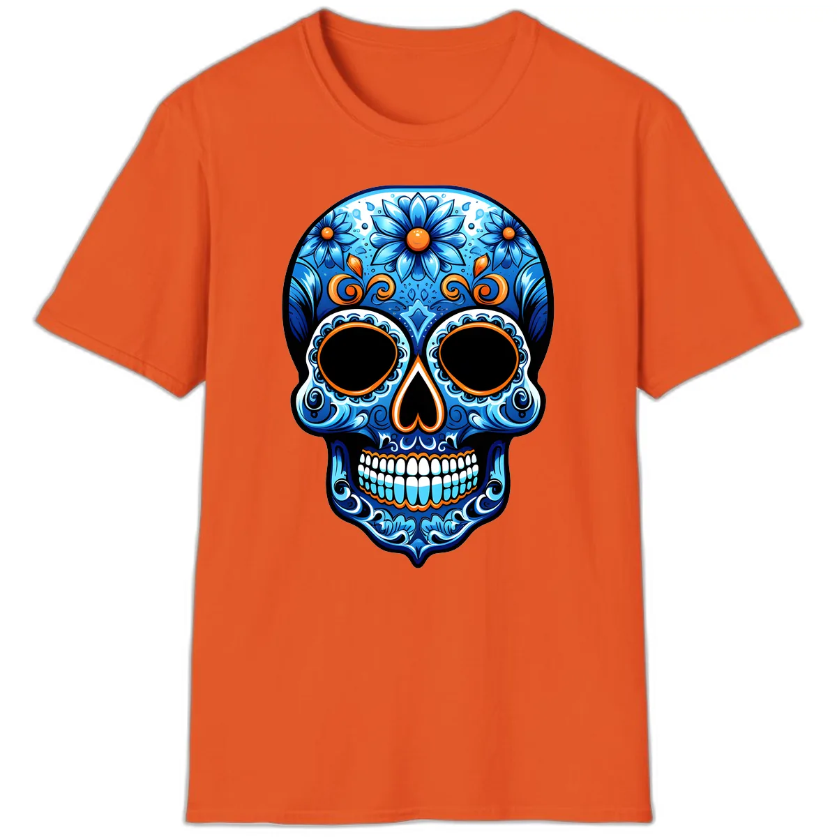 Intricate Blue and Orange Día de los Muertos Skull T-Shirt in Orange
