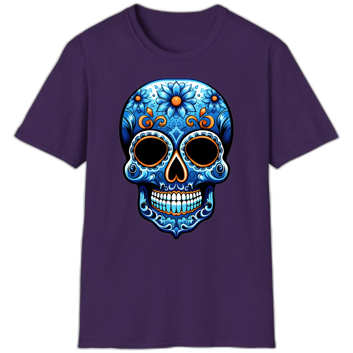 Intricate Blue and Orange Día de los Muertos Skull T-Shirt in Purple