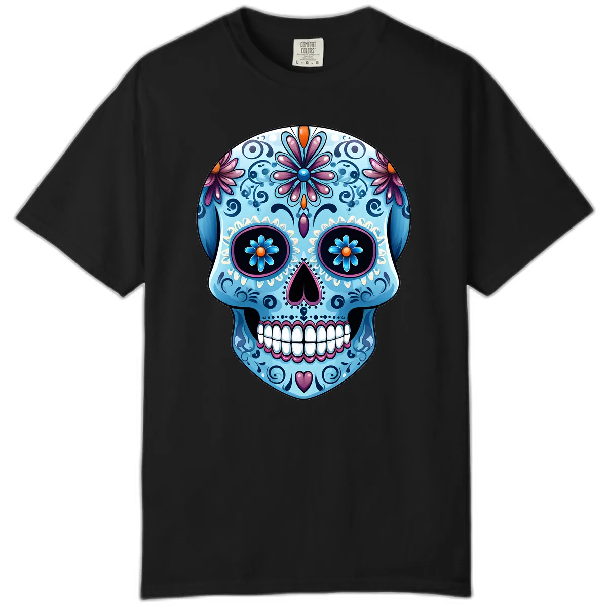 Intricate Floral Blue Calavera Sugar Skull Comfort Color in Black