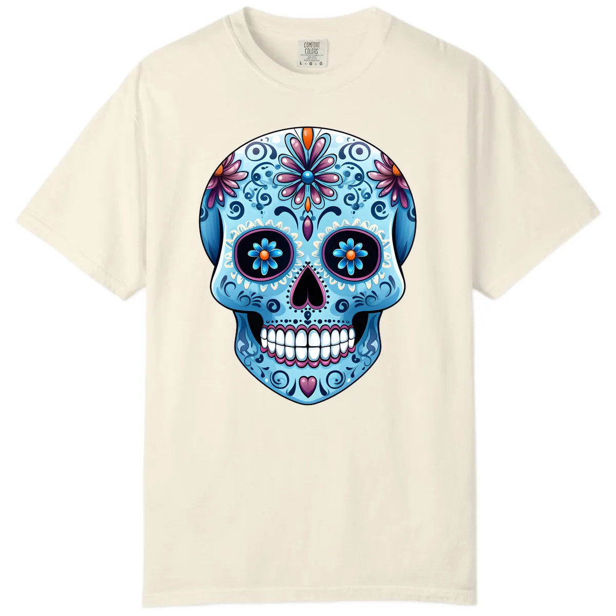 Intricate Floral Blue Calavera Sugar Skull Comfort Color in Ivory