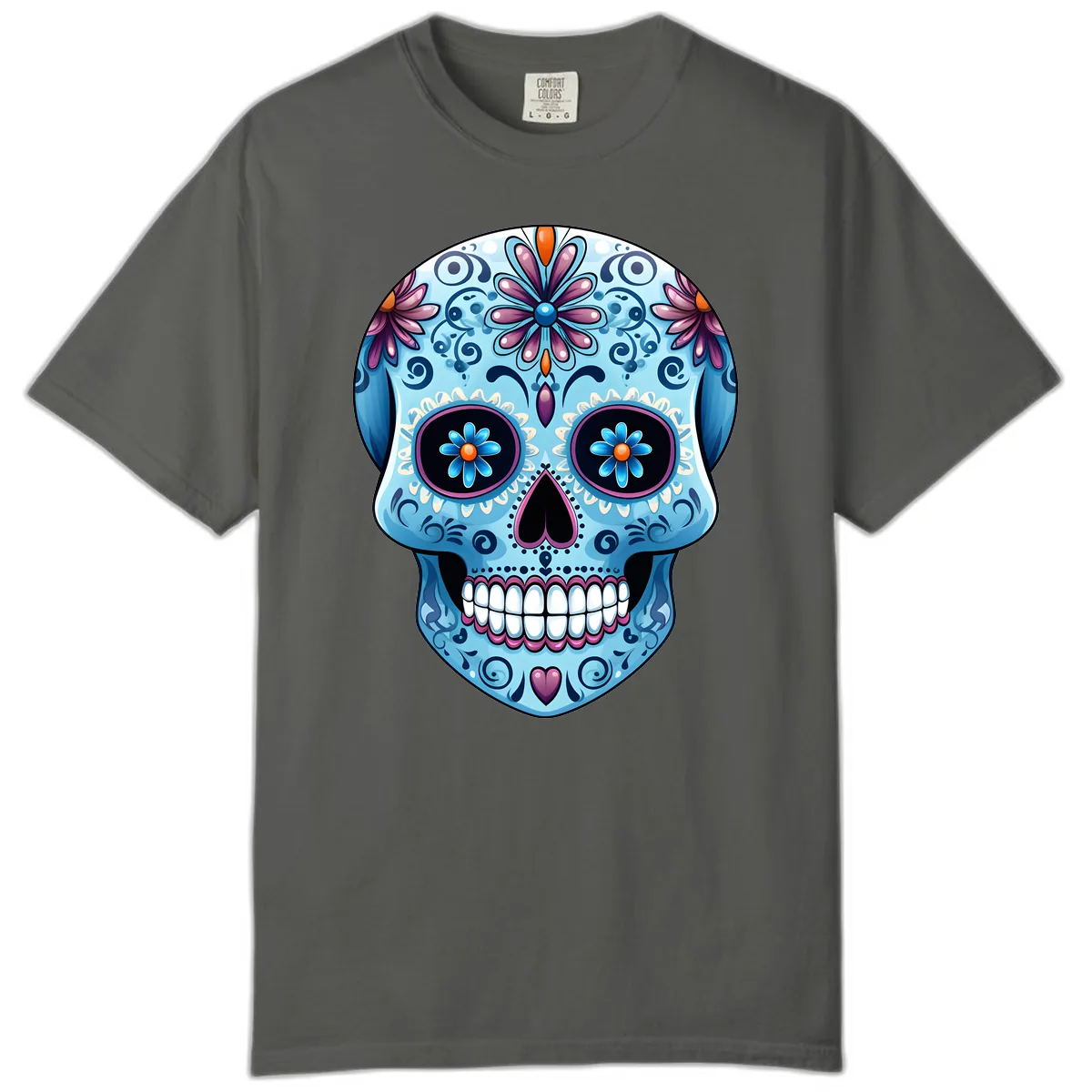 Intricate Floral Blue Calavera Sugar Skull Comfort Color in Pepper