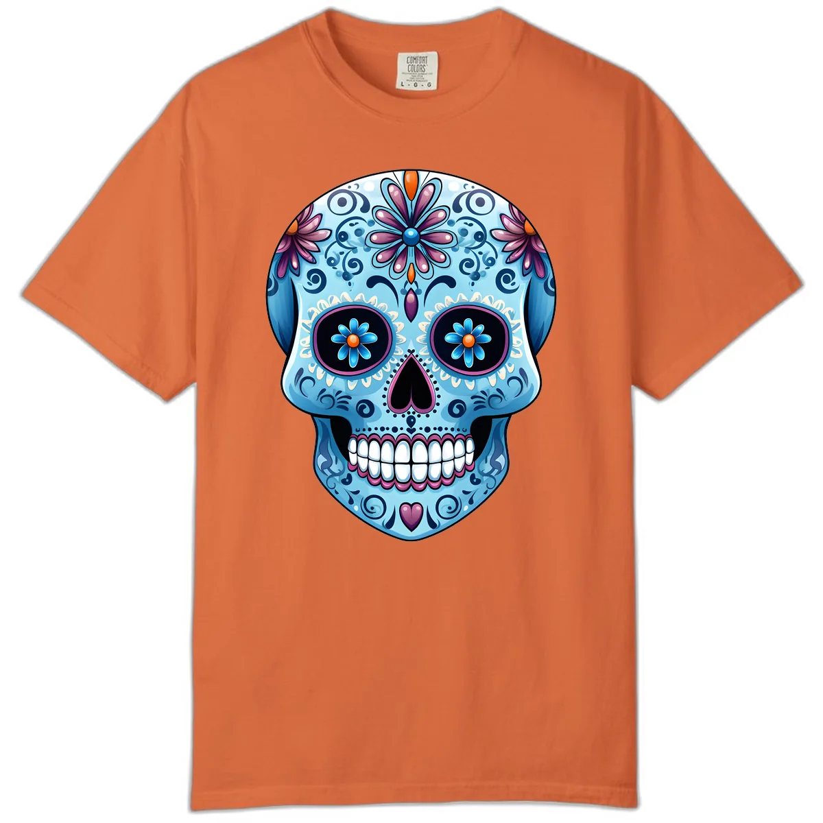 Intricate Floral Blue Calavera Sugar Skull Comfort Color in Burnt Orange