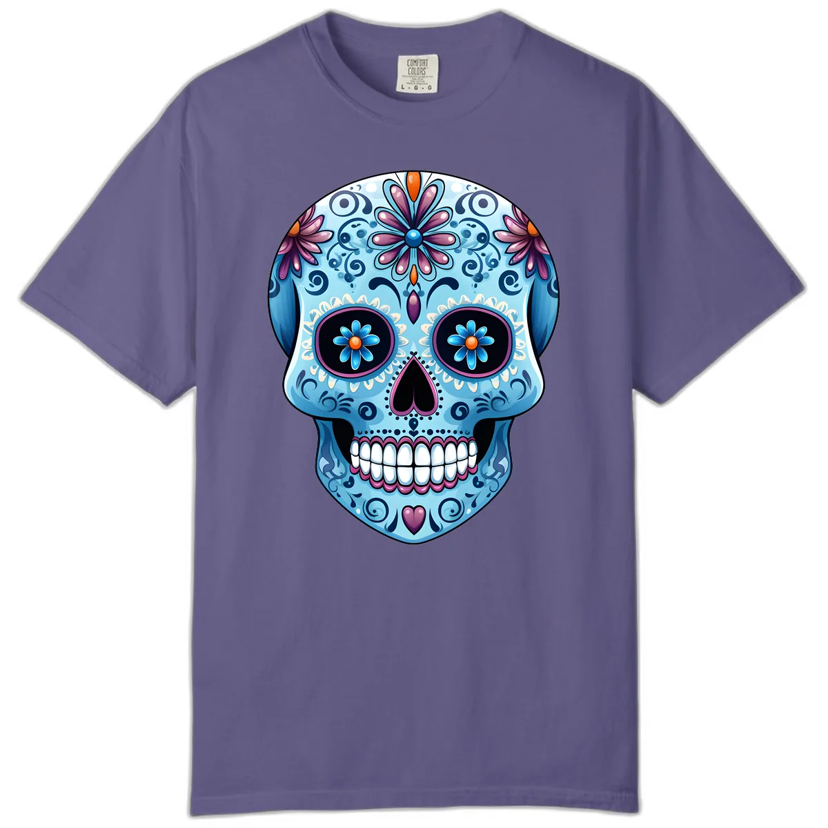 Intricate Floral Blue Calavera Sugar Skull Comfort Color in Grape