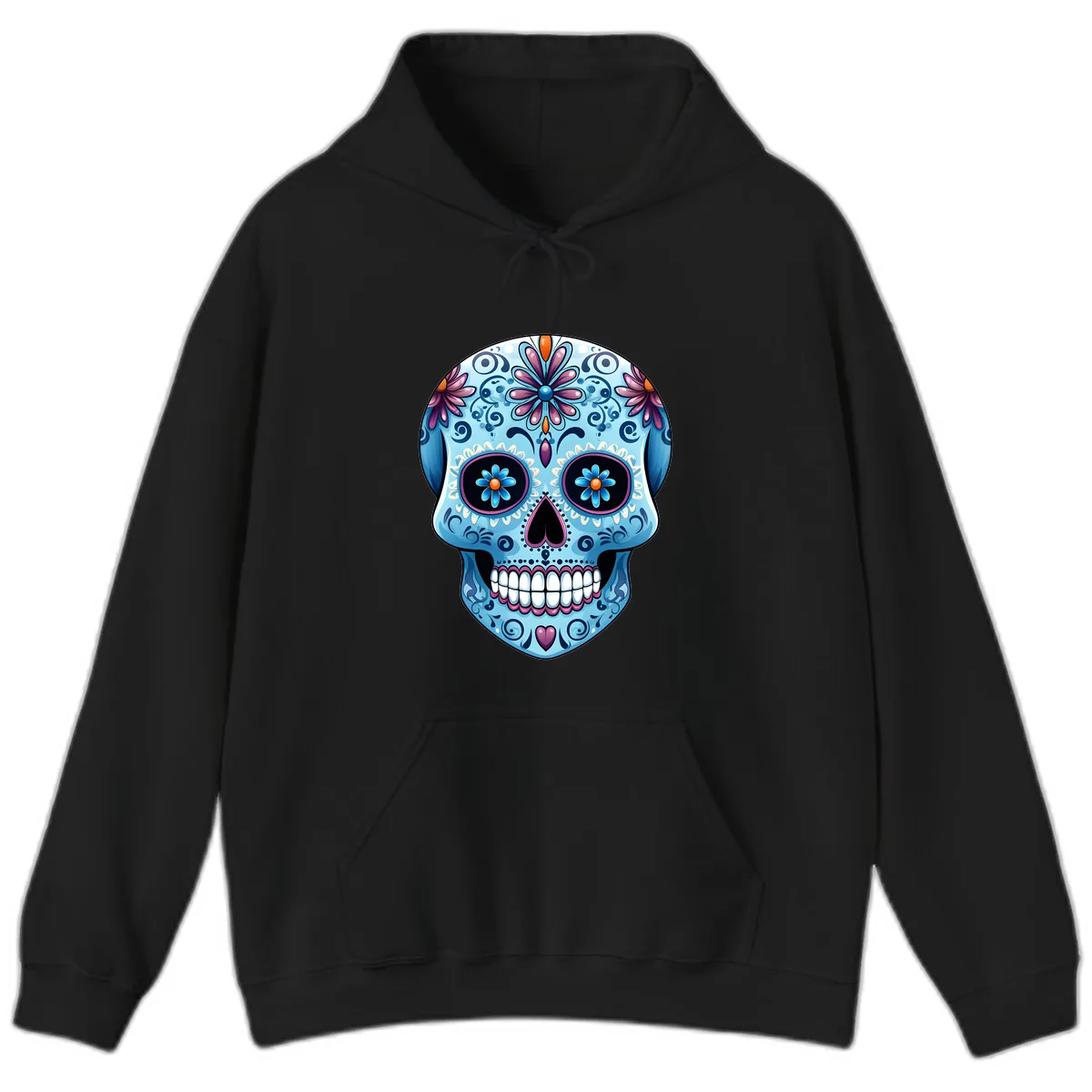 Intricate Floral Blue Calavera Sugar Skull Hoodie in Black