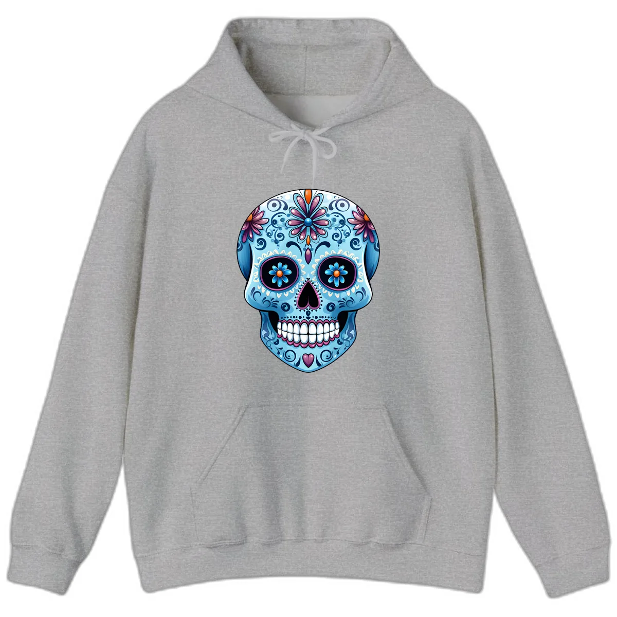 Intricate Floral Blue Calavera Sugar Skull Hoodie in Sport Grey