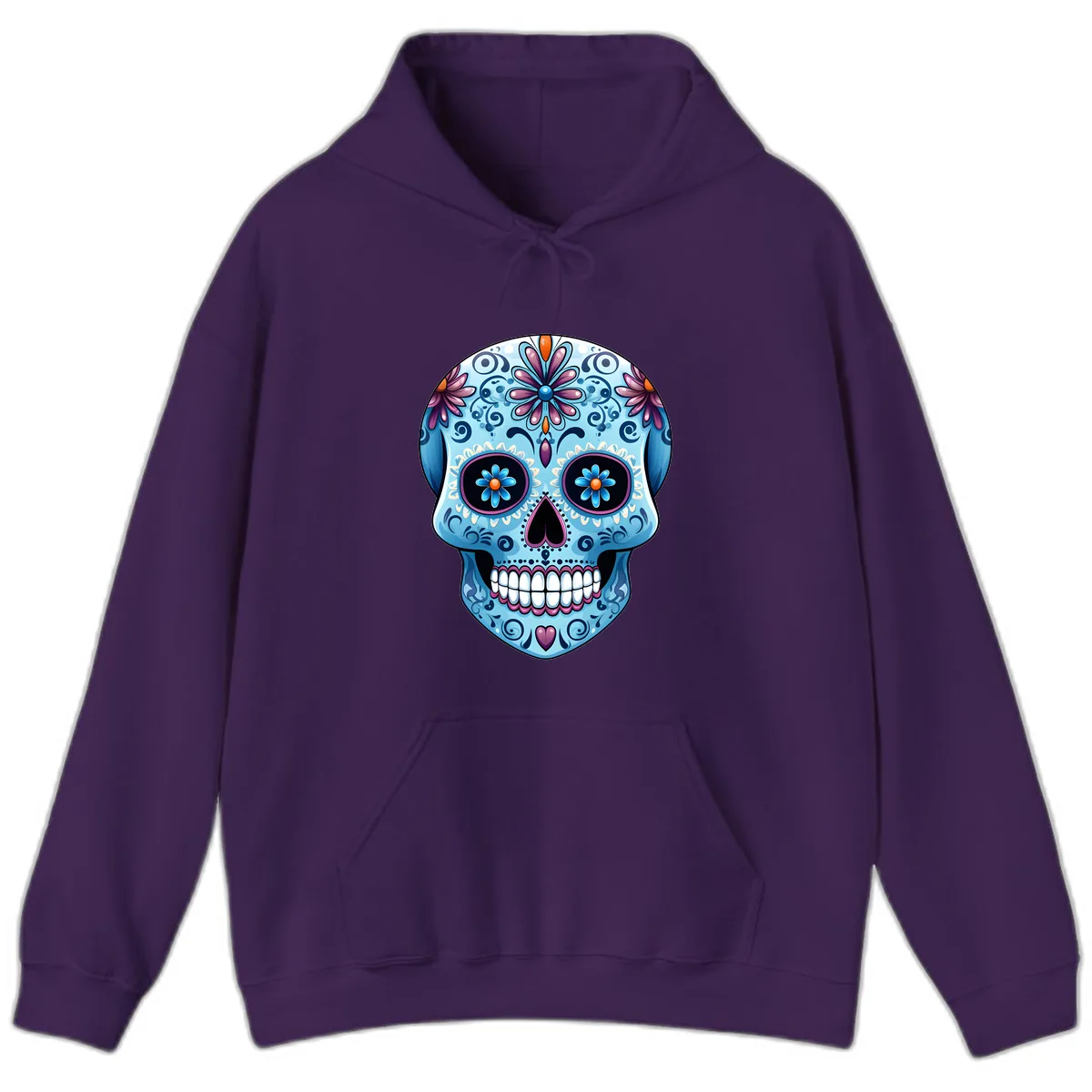 Intricate Floral Blue Calavera Sugar Skull Hoodie in Purple