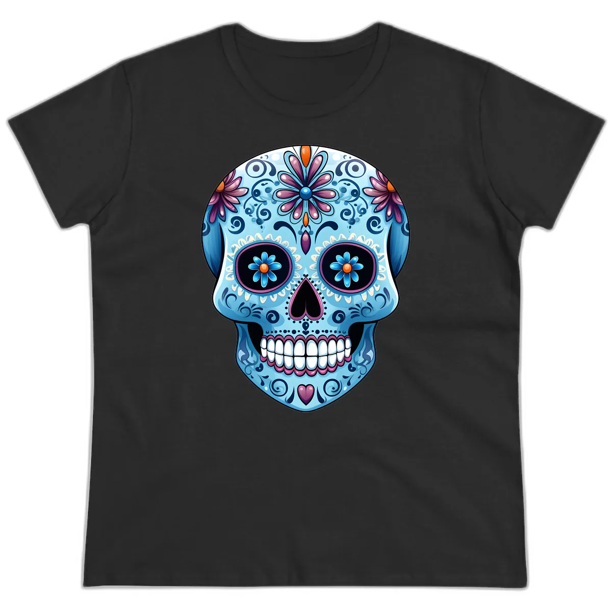 Intricate Floral Blue Calavera Sugar Skull Ladies Tee in Black