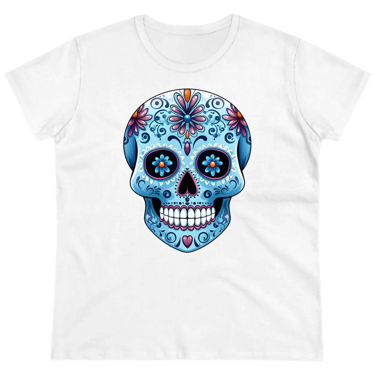 Intricate Floral Blue Calavera Sugar Skull Ladies Tee in White