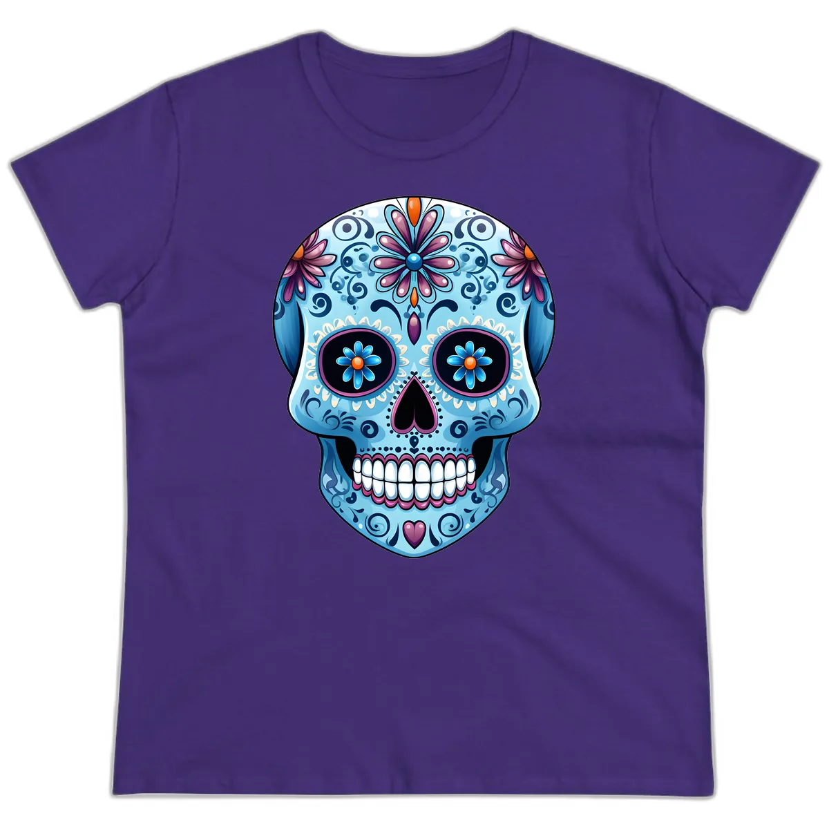 Intricate Floral Blue Calavera Sugar Skull Ladies Tee in Purple