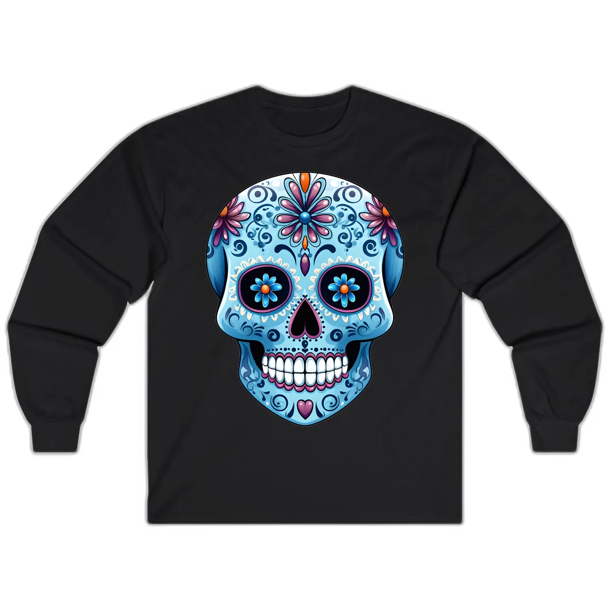 Intricate Floral Blue Calavera Sugar Skull Long Sleeve in Black