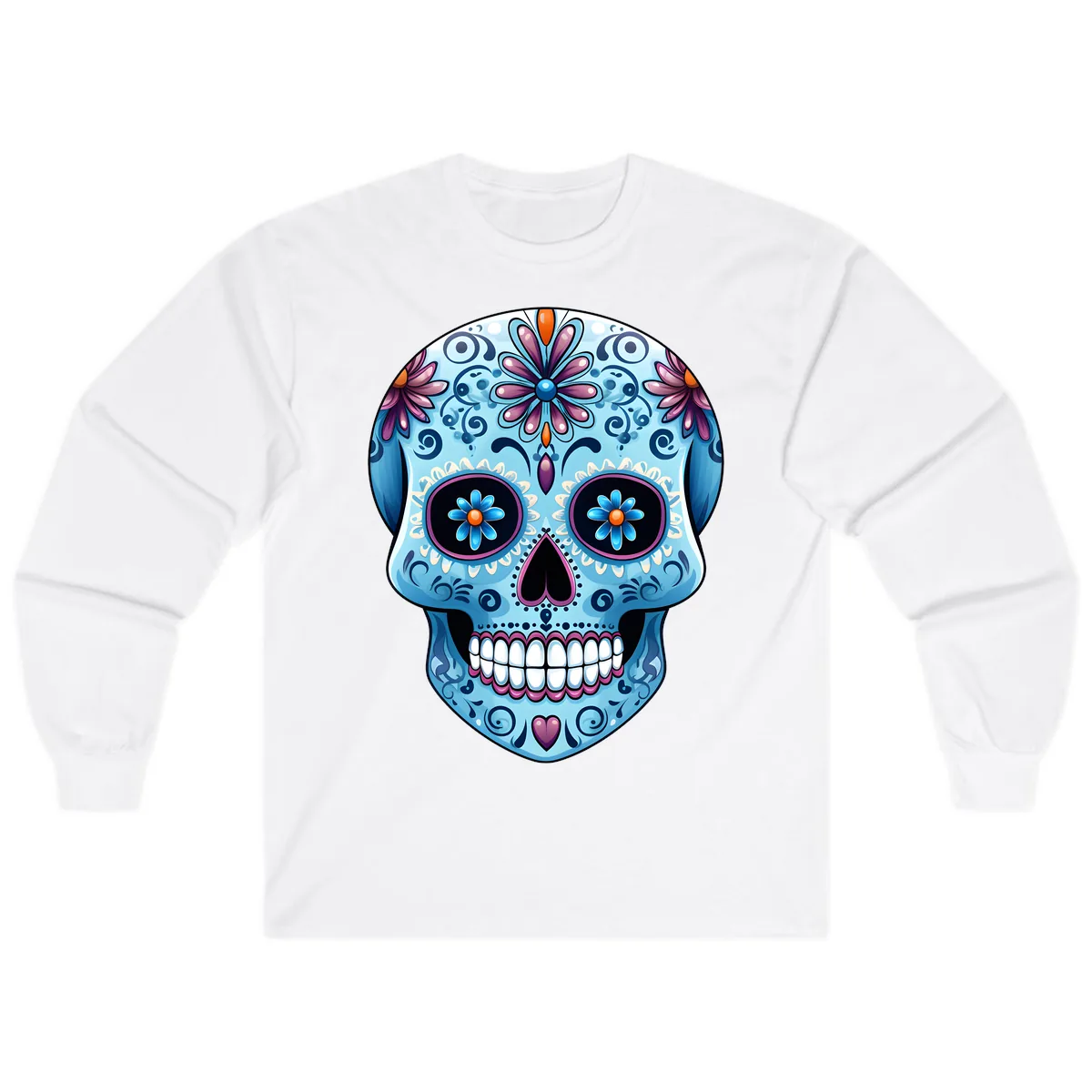 Intricate Floral Blue Calavera Sugar Skull Long Sleeve in White