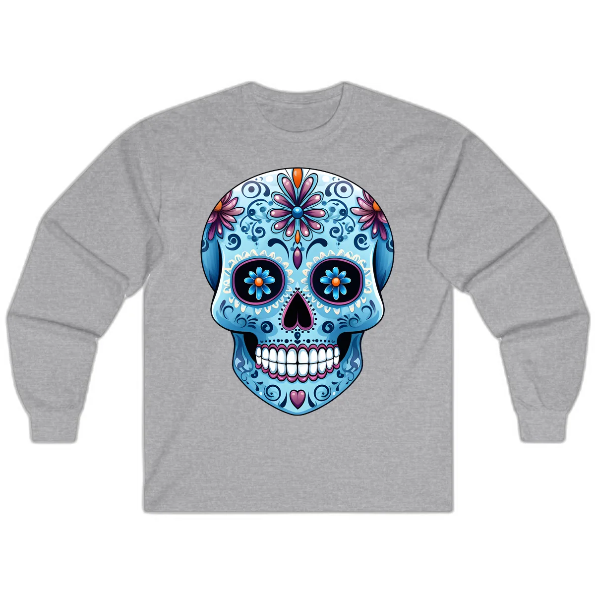 Intricate Floral Blue Calavera Sugar Skull Long Sleeve in Sport Grey