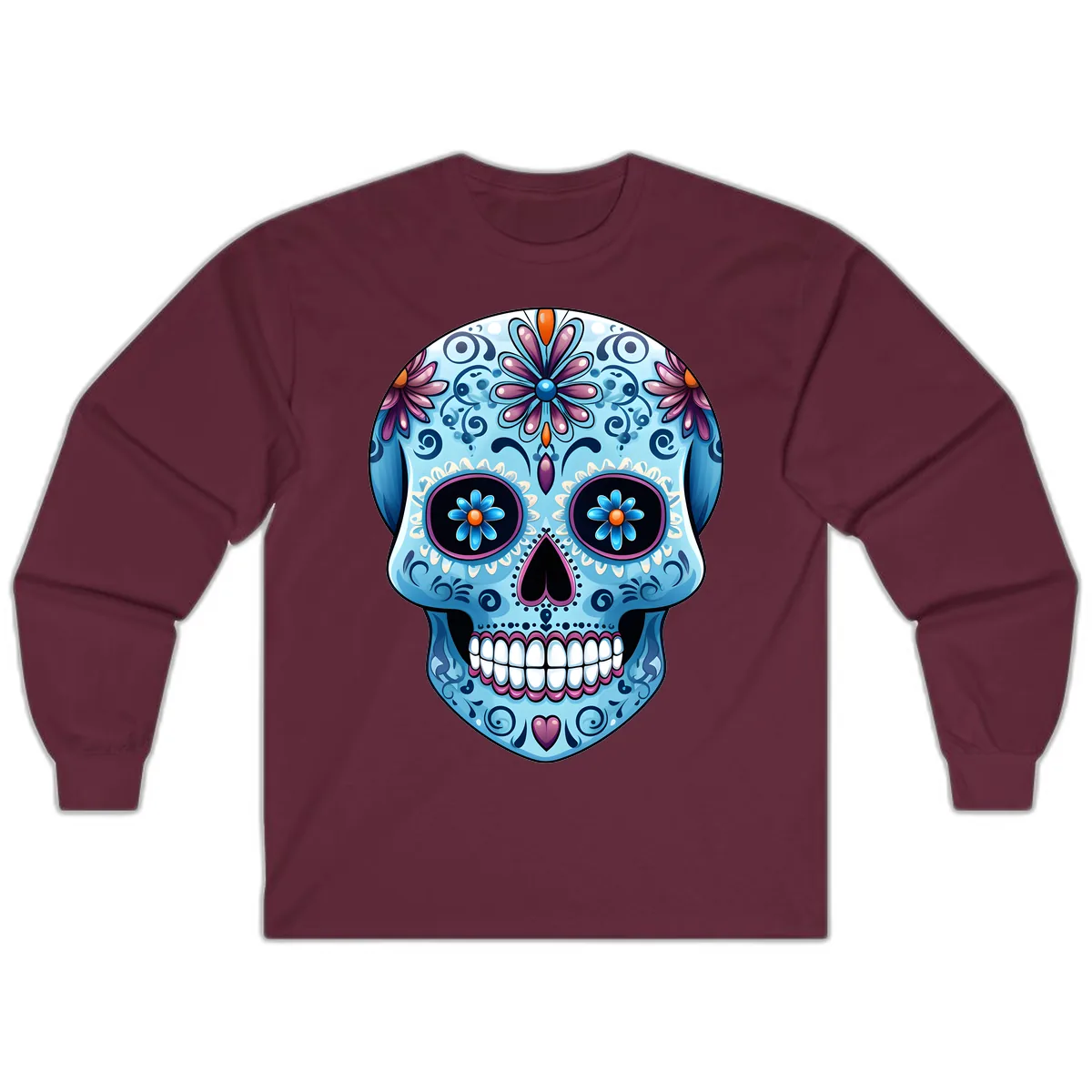 Intricate Floral Blue Calavera Sugar Skull Long Sleeve in Maroon