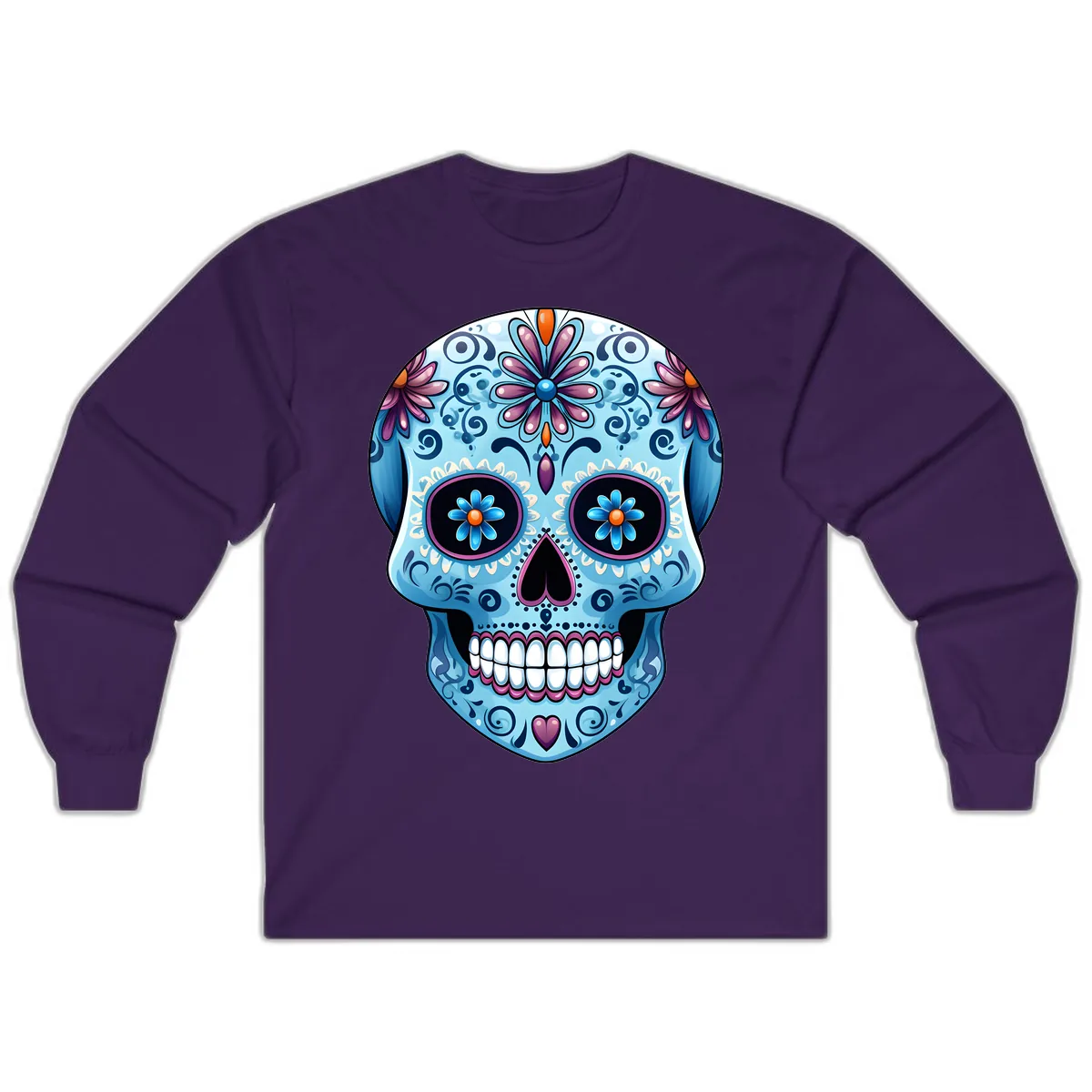 Intricate Floral Blue Calavera Sugar Skull Long Sleeve in Purple