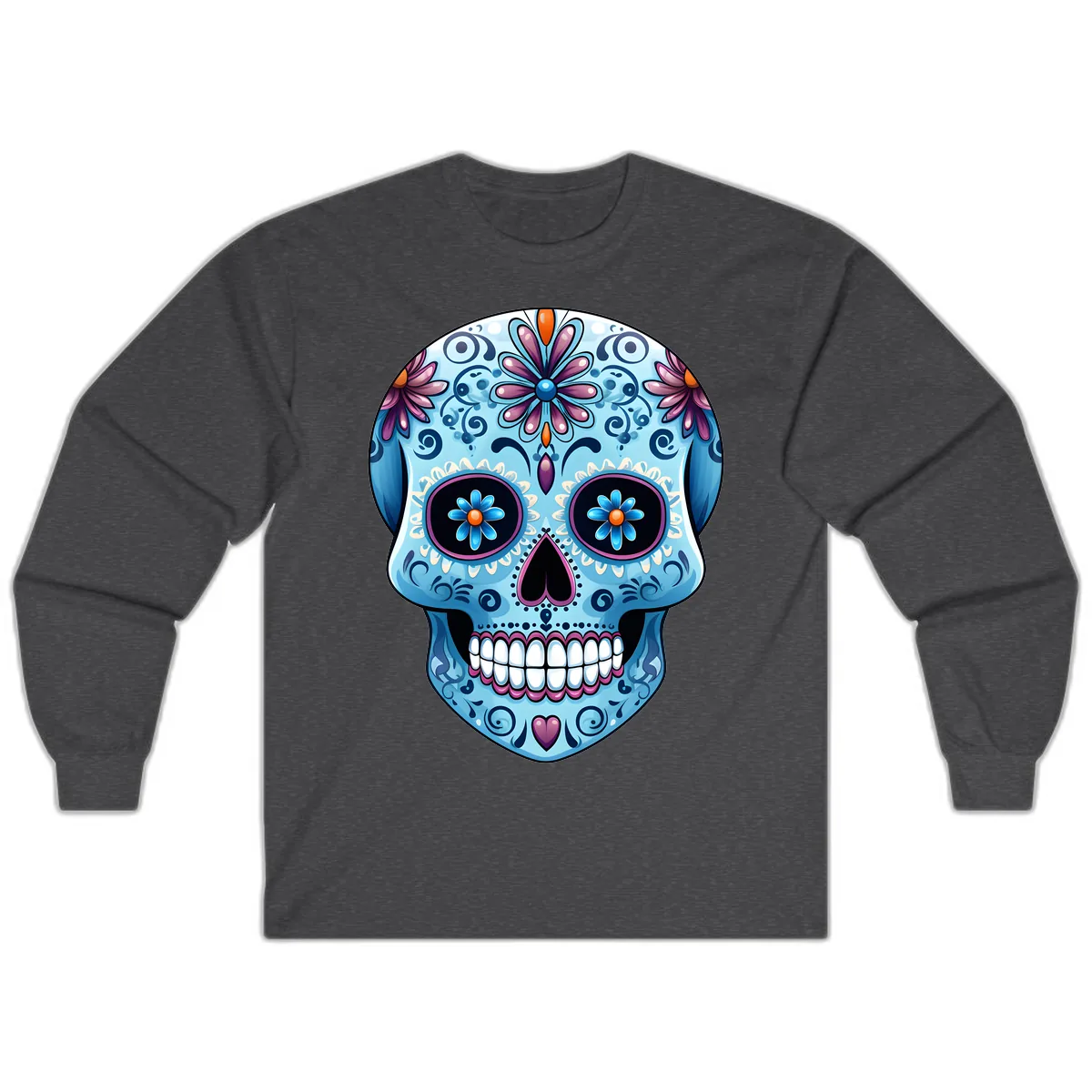 Intricate Floral Blue Calavera Sugar Skull Long Sleeve in Dark Heather