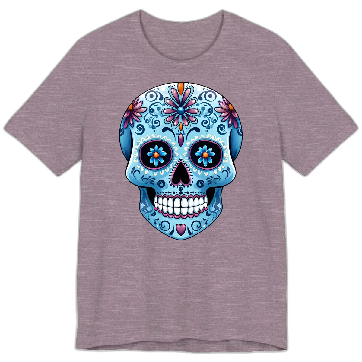 Intricate Floral Blue Calavera Sugar Skull Premium T-Shirt in Heather Purple
