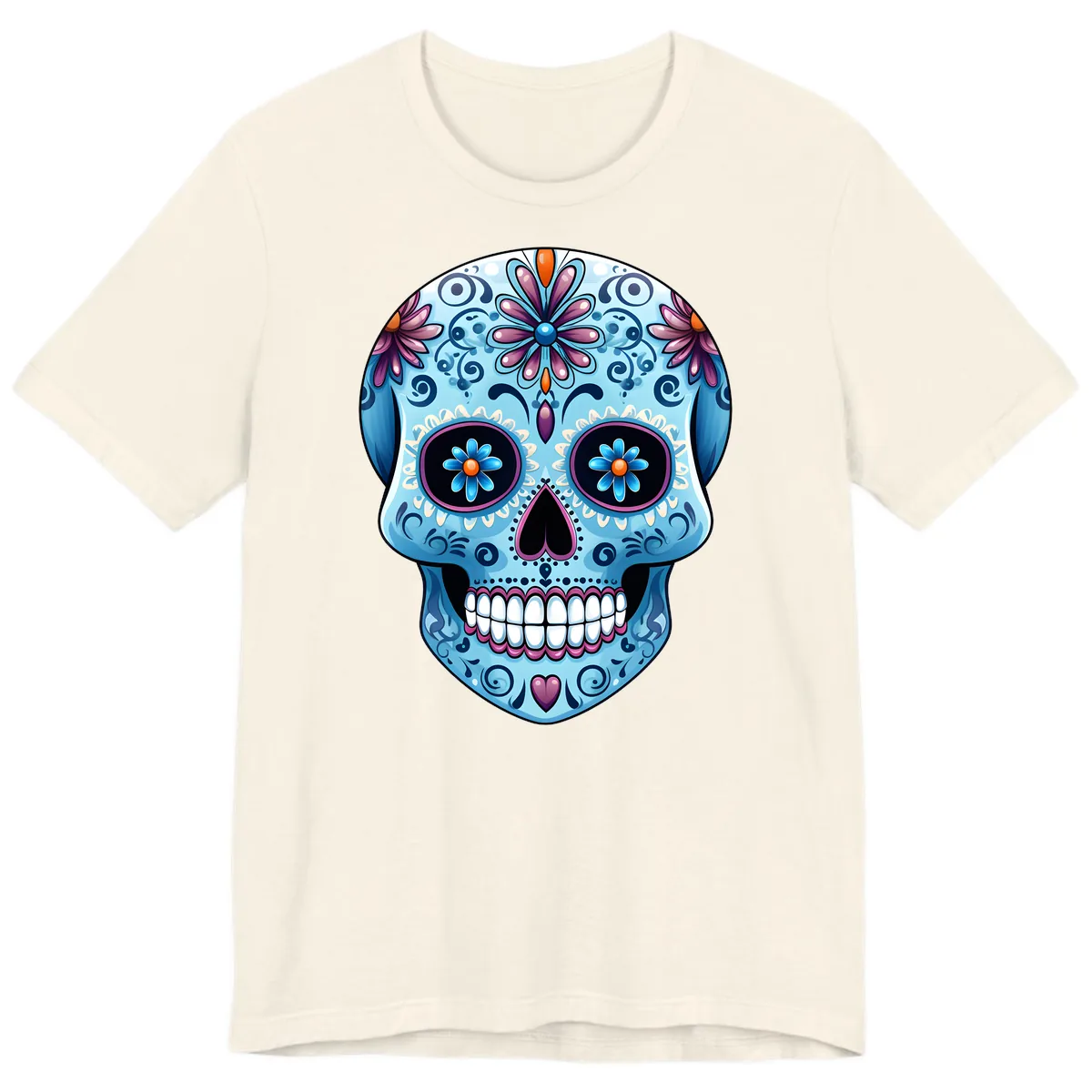 Intricate Floral Blue Calavera Sugar Skull Premium T-Shirt in Natural