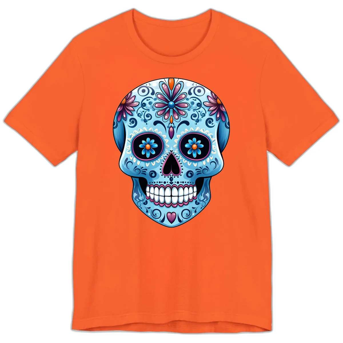 Intricate Floral Blue Calavera Sugar Skull Premium T-Shirt in Orange