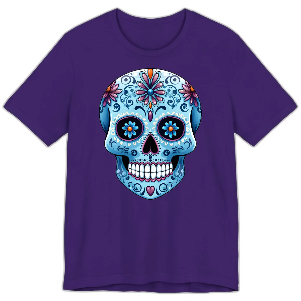 Intricate Floral Blue Calavera Sugar Skull Premium T-Shirt in Team Purple