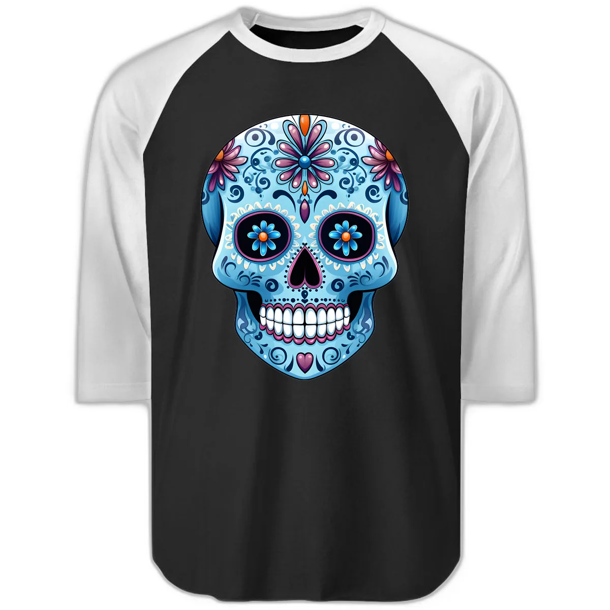 Intricate Floral Blue Calavera Sugar Skull Raglan 3/4 in Black White