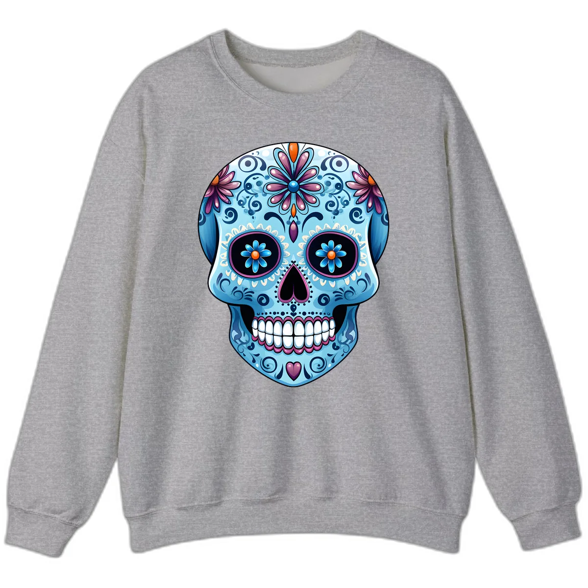 Intricate Floral Blue Calavera Sugar Skull Sweatshirt in Sport Grey