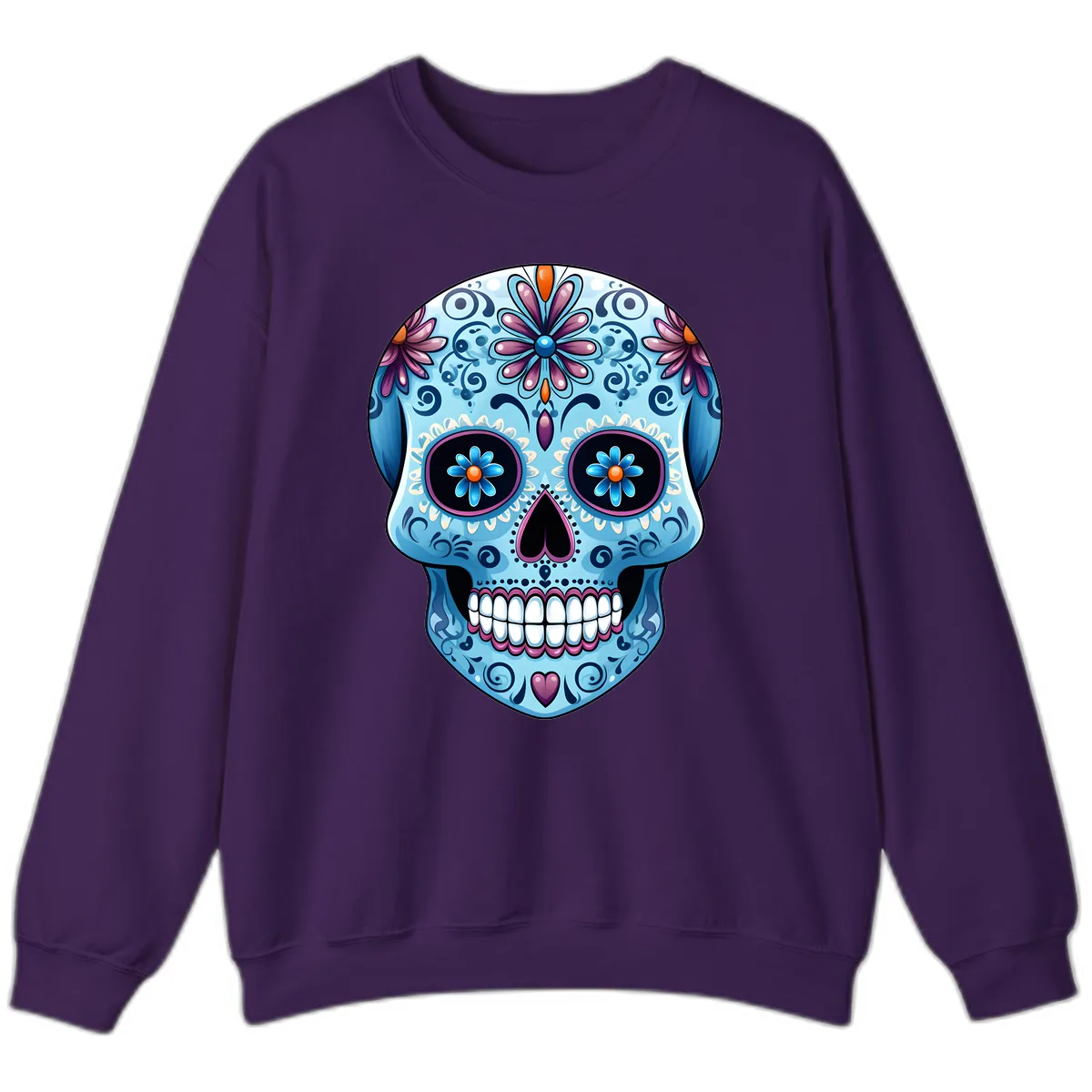 Intricate Floral Blue Calavera Sugar Skull Sweatshirt in Purple