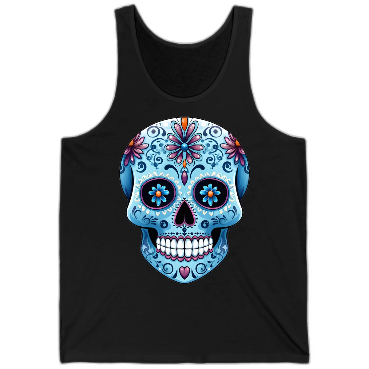 Intricate Floral Blue Calavera Sugar Skull Tank in Black