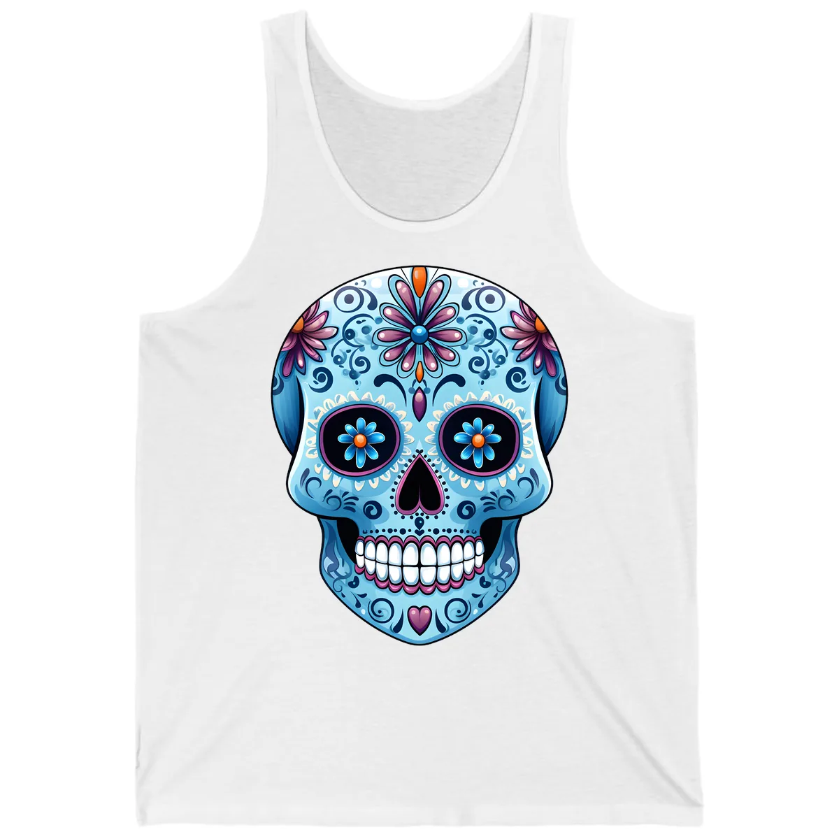 Intricate Floral Blue Calavera Sugar Skull Tank in White