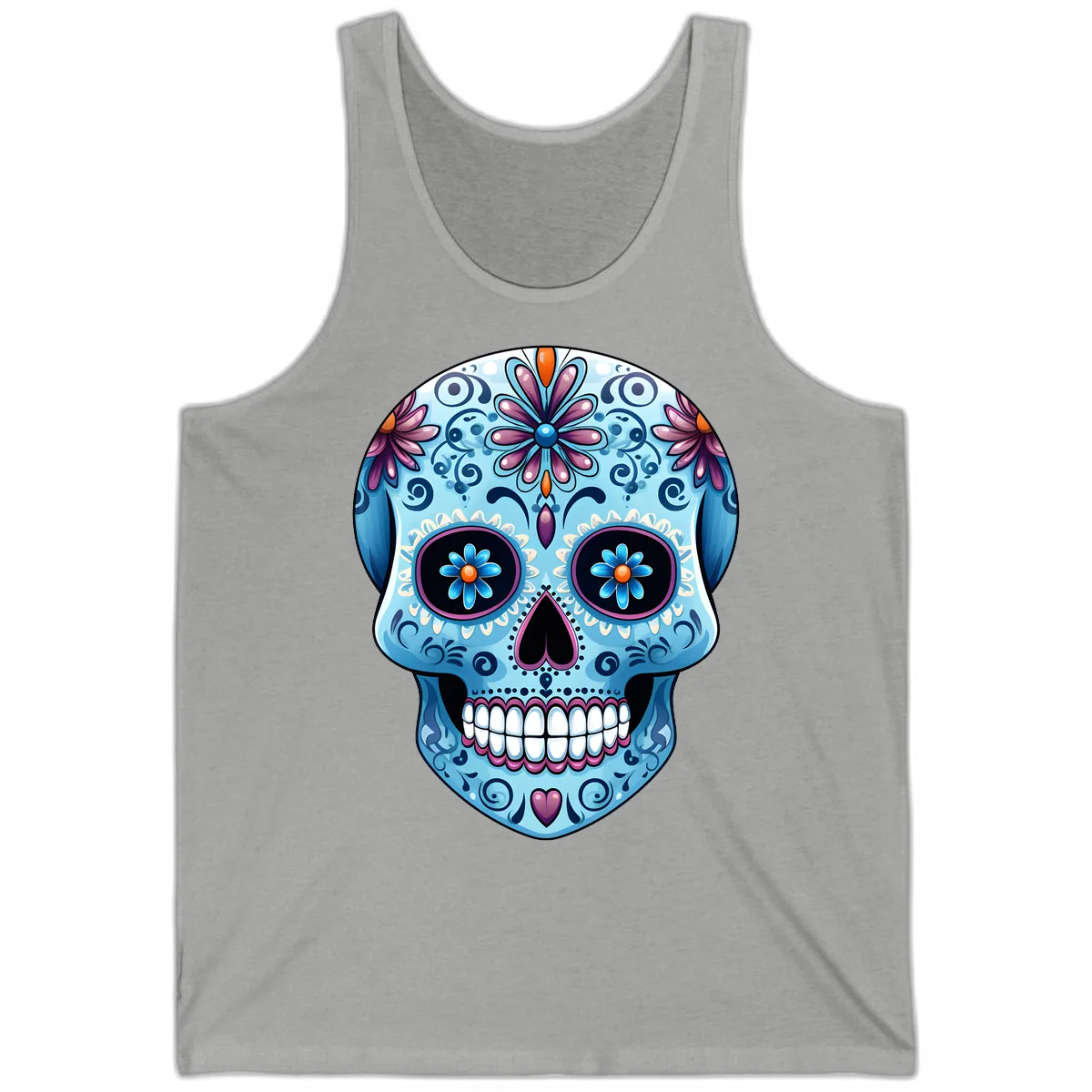 Intricate Floral Blue Calavera Sugar Skull Tank in Athletic Heather