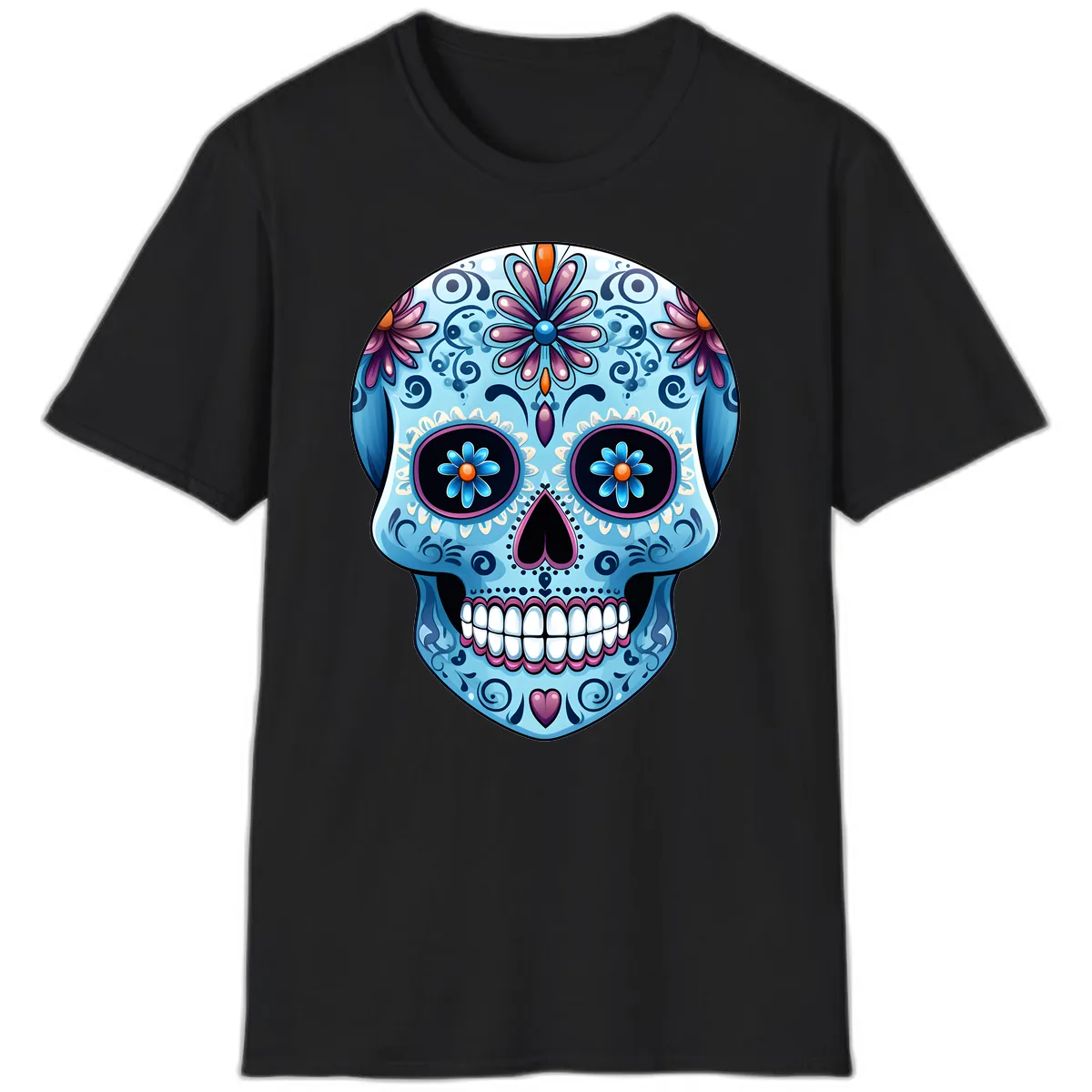 Intricate Floral Blue Calavera Sugar Skull T-Shirt in Black