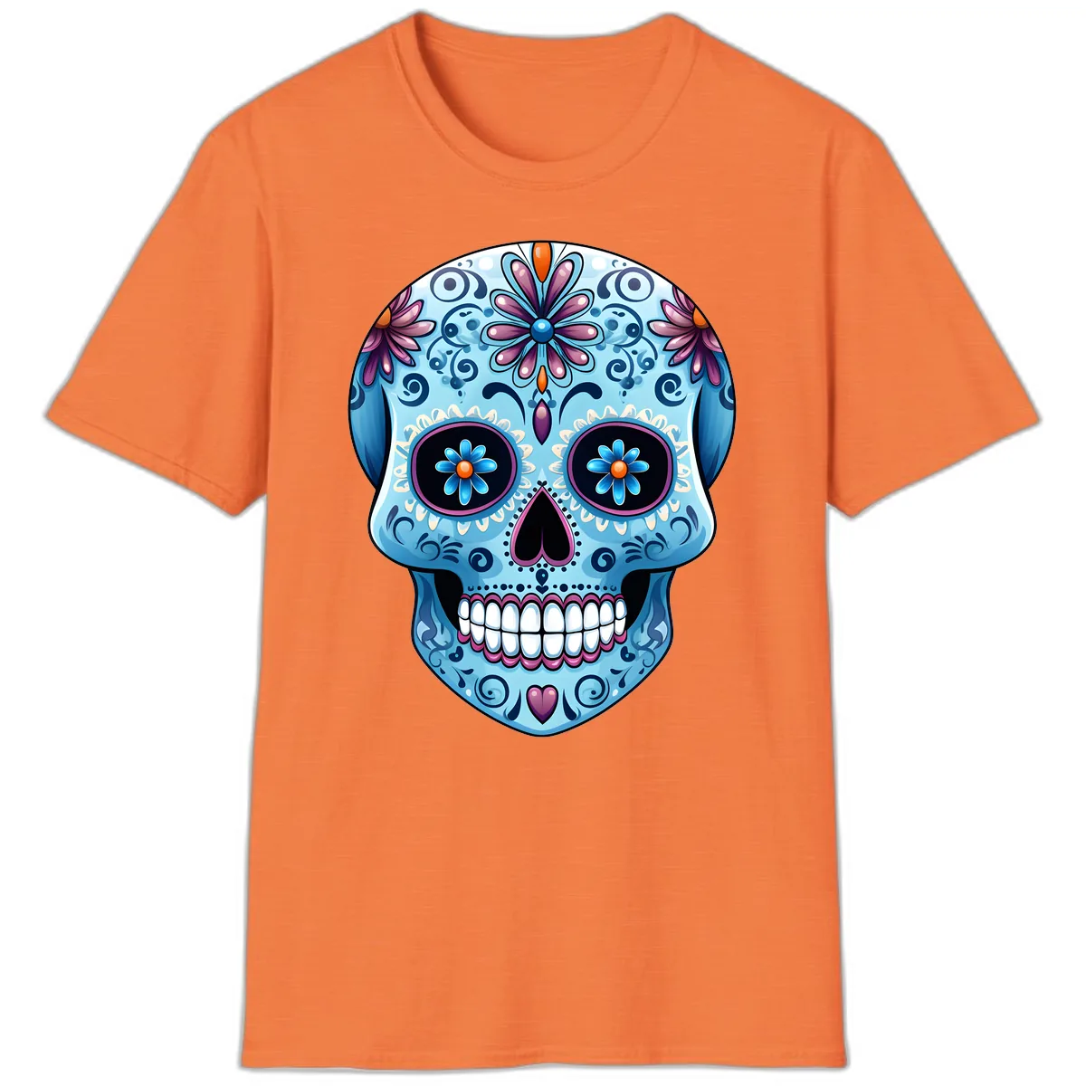 Intricate Floral Blue Calavera Sugar Skull T-Shirt in Heather Orange