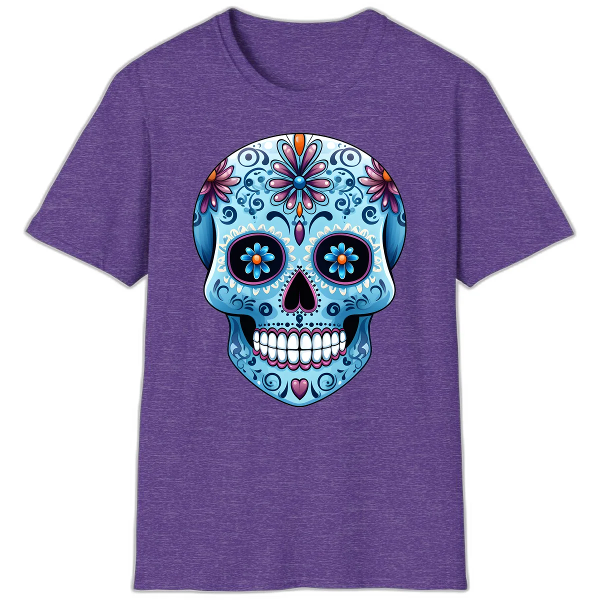 Intricate Floral Blue Calavera Sugar Skull T-Shirt in Heather Purple