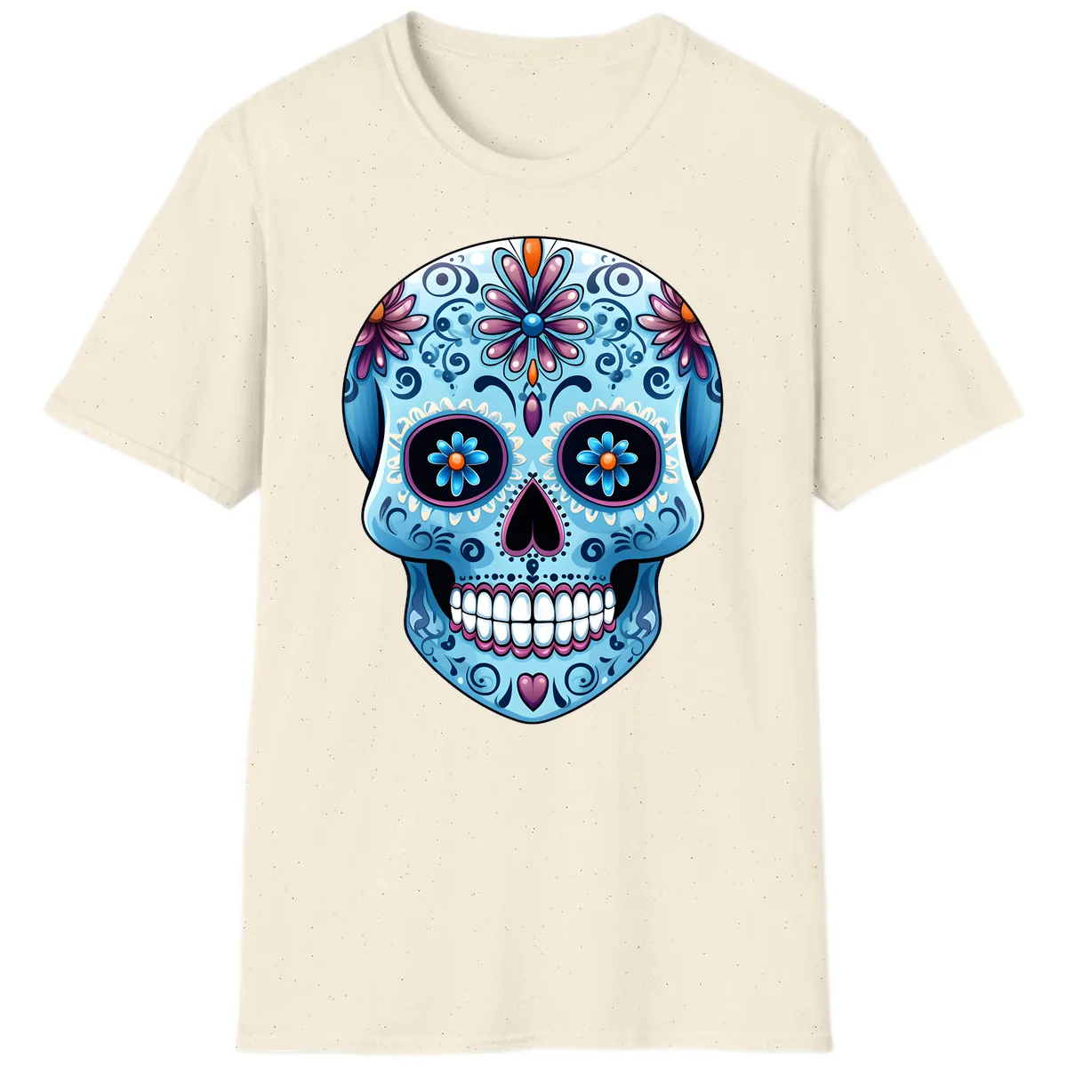 Intricate Floral Blue Calavera Sugar Skull T-Shirt in Natural