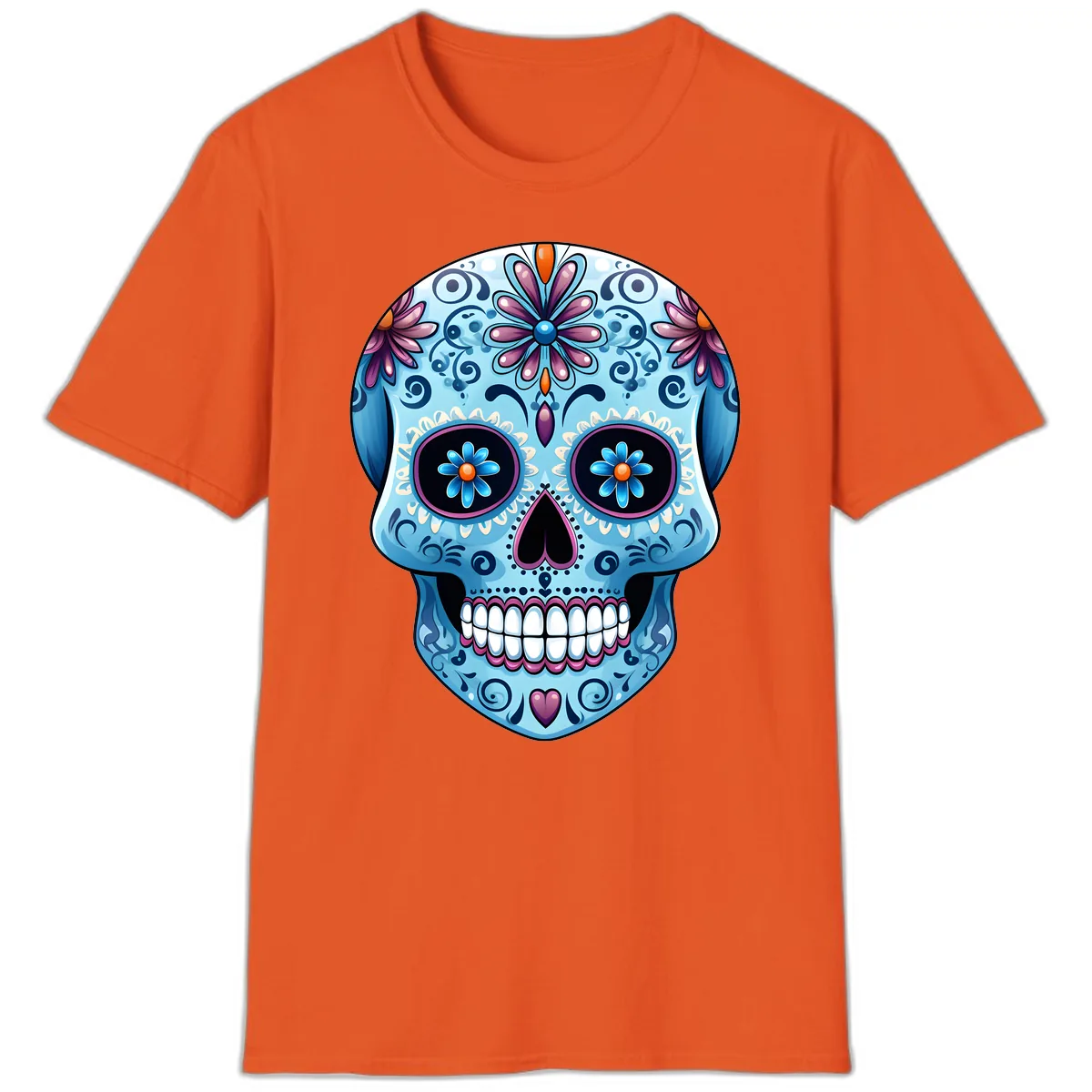 Intricate Floral Blue Calavera Sugar Skull T-Shirt in Orange