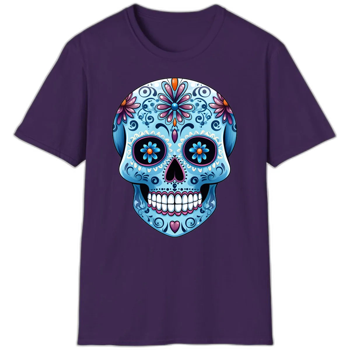 Intricate Floral Blue Calavera Sugar Skull T-Shirt in Purple