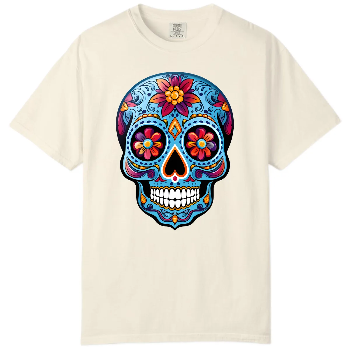 Vibrant Floral Calavera Sugar Skull Artwork Comfort Color in Ivory
