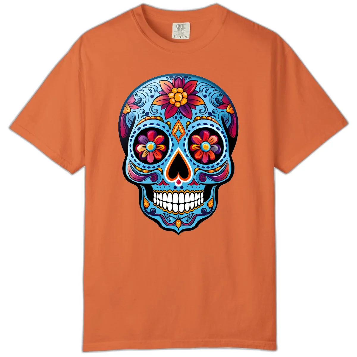Vibrant Floral Calavera Sugar Skull Artwork Comfort Color in Burnt Orange