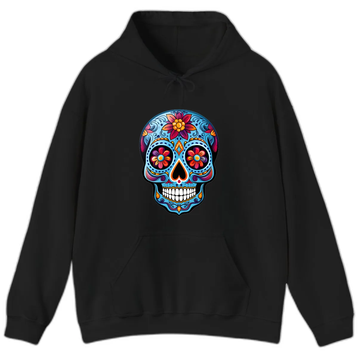 Vibrant Floral Calavera Sugar Skull Artwork Hoodie in Black